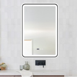 Oglindă Baie LED și Dezaburire Elit's Premium cu Senzor Touch, Lumina Rece, Caldă și Neutră, 60x90cm, cu rama Negru Antichizat, Ceas
