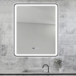 Oglindă Baie LED și Dezaburire Elit's Premium cu Senzor Touch, Lumina Rece, Caldă și Neutră, 75x90cm, cu rama Negru Antichizat, Ceas