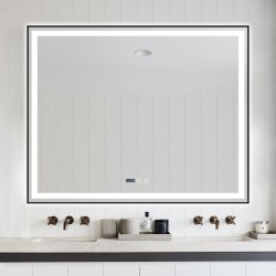 Oglindă Baie LED și Dezaburire Elit's Premium cu Senzor Touch, Lumina Rece, Caldă și Neutră, 100x80 cm, cu rama Negru Antichizat, Ceas