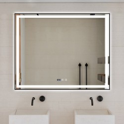 Oglindă Baie LED și Dezaburire Elit's Premium cu Senzor Touch, Lumina Rece, Caldă și Neutră, 120x80 cm, cu rama Negru Antichizat, Ceas