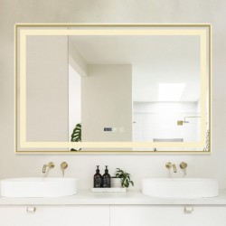 Oglindă Baie LED și Dezaburire Elit's Premium cu Senzor Touch, Lumina Rece, Caldă și Neutră,  cu rama Bronz Gold Antichizat, Ceas,120x80 cm