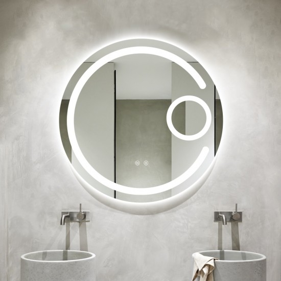 Oglindă Baie LED și Dezaburire Elit's Premium cu Senzor Touch, Lumina Rece, Caldă și Neutră, 70cm,Lupa Cosmetica