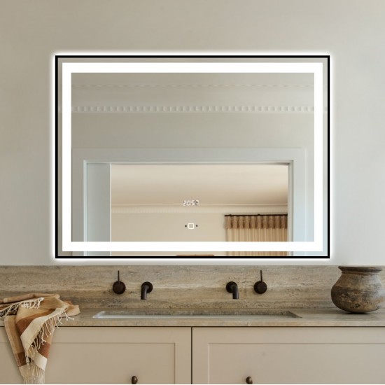 Oglindă Baie LED  Elit's Premium cu Senzor de Miscare , Lumina Rece, Caldă și Neutră, 80x60cm, rama Neagra, Ceas