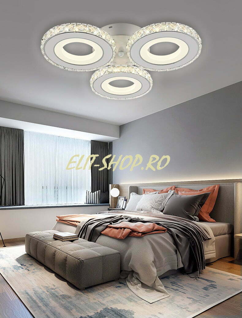 Lustra LED Cu Telecomanda, Elit's Cristal, 3Cercuri, Alb, 72W