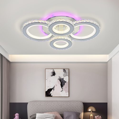 Lustra LED Cu Telecomanda, Elit's Cristal, 2-2 Cercuri, Alb, 90W, RGB