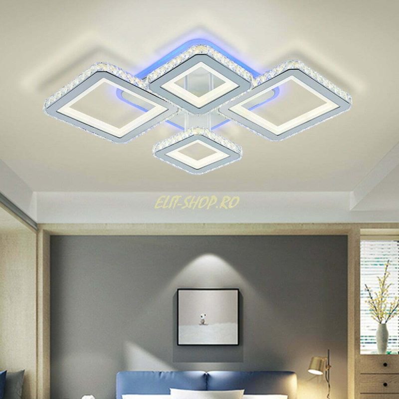 Lustra LED Cu Telecomanda, Elit'sCristal, 2-2 Patrate, Alb, 168 W, RGB