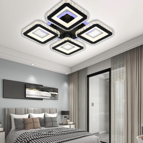 Lustra LED Cu Telecomanda, Elit's Cristal, 4 Patrate, Negru, 180 W, RGB
