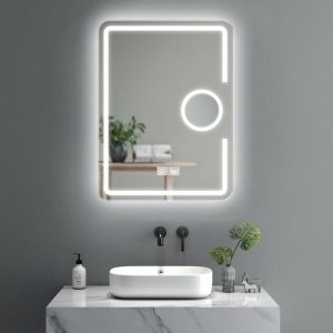 Oglinda LED cu funcție de dezaburire, dimensiuni 80x60 cm, EVDJ15 cu lupa cosmetica
