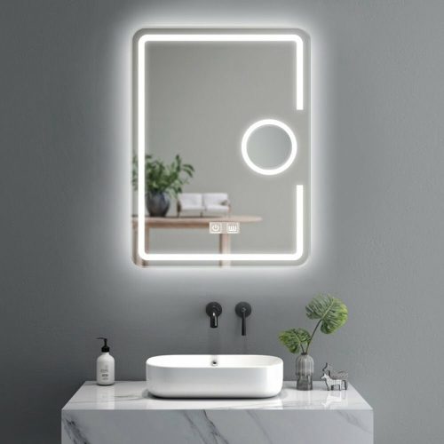 Oglinda LED cu funcție de dezaburire, dimensiuni 80x60 cm, EVDJ15 cu lupa cosmetica
