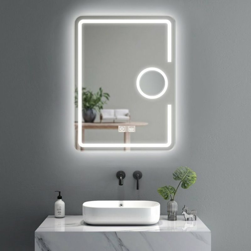 Oglinda LED cu funcție de dezaburire, dimensiuni 80x60 cm, EVDJ15 cu lupa cosmetica