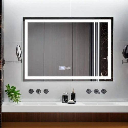 Oglinda Baie cu Led Elit's  dezaburire și ceas, ESNJ49, 80x65 cm