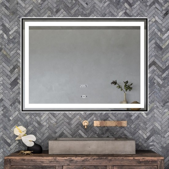 Oglindă Baie LED Elit's Premium cu Senzor de Miscare, Lumina Rece, Caldă și Neutră, 80x60cm, Rama Neagră, Ceas