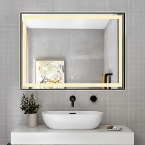 Oglindă Baie LED Elit's Premium cu Senzor de Miscare, Lumina Rece, Caldă și Neutră, 80x60cm, Rama Neagră, Ceas