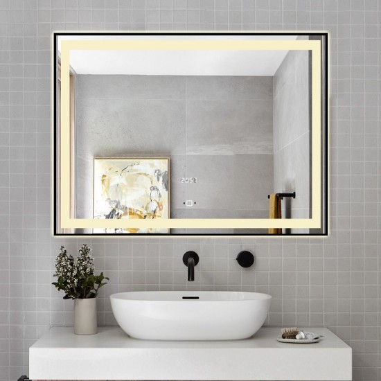 Oglindă Baie LED Elit's Premium cu Senzor de Miscare, Lumina Rece, Caldă și Neutră, 80x60cm, Rama Neagră, Ceas