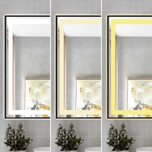 Oglindă Baie LED Elit's Premium cu Senzor de Miscare, Lumina Rece, Caldă și Neutră, 80x60cm, Rama Neagră, Ceas