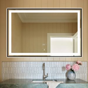 Oglindă Baie LED Elit's Premium cu Senzor de Miscare, Lumina Rece, Caldă și Neutră, 100x65cm, Rama Neagră, Ceas