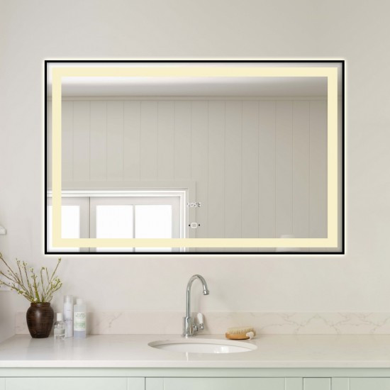 Oglindă Baie LED Elit's Premium cu Senzor de Miscare, Lumina Rece, Caldă și Neutră, 100x65cm, Rama Neagră, Ceas