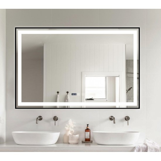 Oglindă Baie LED și Dezaburire Elit's Premium cu Senzor Touch, Lumina Rece, Caldă și Neutră, 100x65cm, Negru Antichizat, Ceas