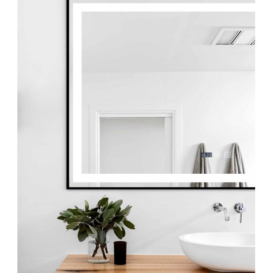 Oglindă Baie LED și Dezaburire Elit's Premium cu Senzor Touch, Lumina Rece, Caldă și Neutră, 100x65cm, Negru Antichizat, Ceas
