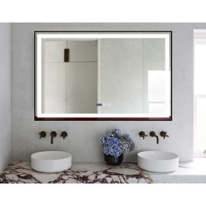 Oglindă Baie LED și Dezaburire Elit's Premium cu Senzor Touch, Lumina Rece, Caldă și Neutră, 100x65cm, Negru Antichizat, Ceas
