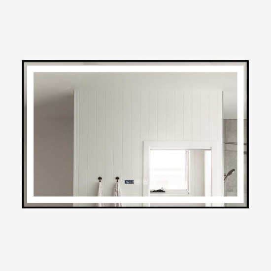 Oglindă Baie LED și Dezaburire Elit's Premium cu Senzor Touch, Lumina Rece, Caldă și Neutră, 100x65cm, Negru Antichizat, Ceas