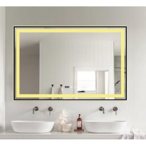 Oglindă Baie LED și Dezaburire Elit's Premium cu Senzor Touch, Lumina Rece, Caldă și Neutră, 100x65cm, Negru Antichizat, Ceas