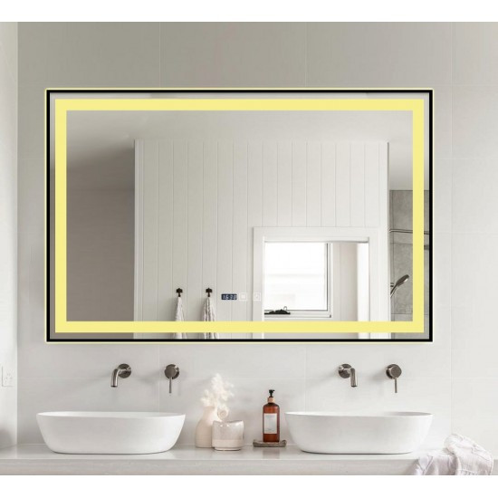 Oglindă Baie LED și Dezaburire Elit's Premium cu Senzor Touch, Lumina Rece, Caldă și Neutră, 100x65cm, Negru Antichizat, Ceas