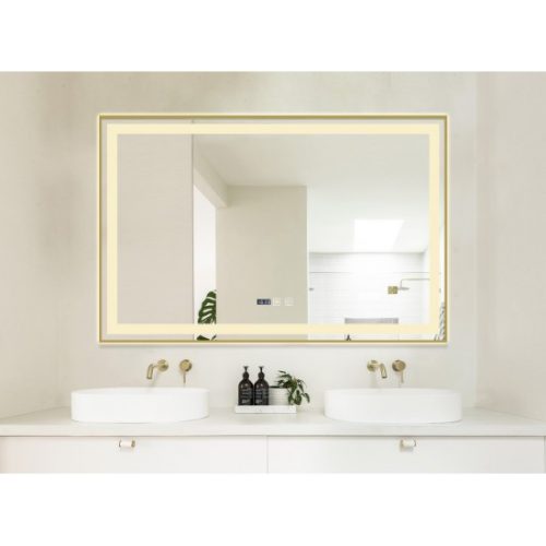 Oglindă Baie LED și Dezaburire Elit's Premium cu Senzor Touch, Lumina Rece, Caldă și Neutră, 100x65cm, cu rama Bronz Antichizat, Ceas