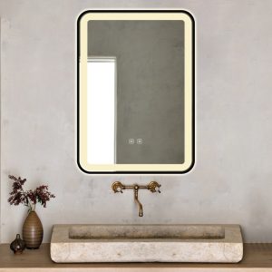 Oglindă Baie LED și Dezaburire Elit's Premium cu Senzor Touch, Lumina Rece, Caldă și Neutră, 50x70cm, cu rama Negru Antichizat, Ceas