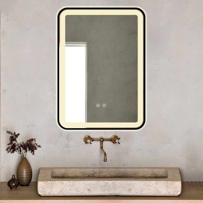 Oglindă Baie LED și Dezaburire Elit's Premium cu Senzor Touch, Lumina Rece, Caldă și Neutră, 50x70cm, cu rama Negru Antichizat, Ceas