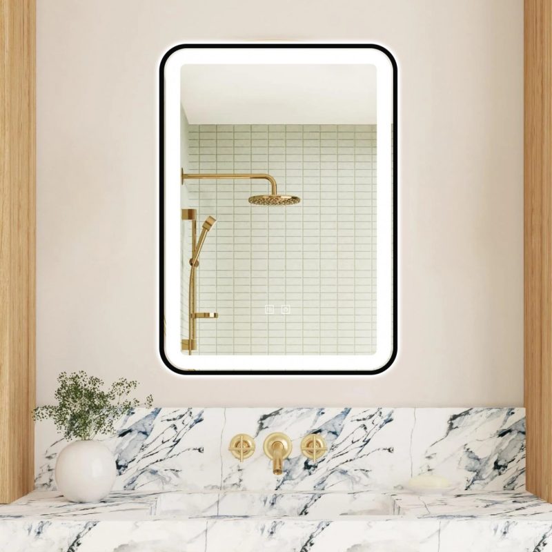 Oglindă Baie LED și Dezaburire Elit's Premium cu Senzor Touch, Lumina Rece, Caldă și Neutră, 50x70cm, cu rama Negru Antichizat, Ceas