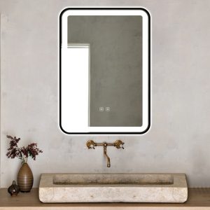 Oglindă Baie LED și Dezaburire Elit's Premium cu Senzor Touch, Lumina Rece, Caldă și Neutră, 50x70cm, cu rama Negru Antichizat, Ceas