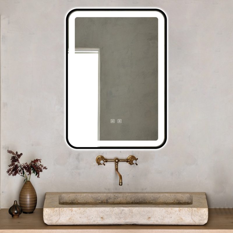 Oglindă Baie LED și Dezaburire Elit's Premium cu Senzor Touch, Lumina Rece, Caldă și Neutră, 50x70cm, cu rama Negru Antichizat, Ceas