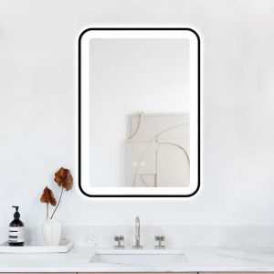 Oglindă Baie LED și Dezaburire Elit's Premium cu Senzor Touch, Lumina Rece, Caldă și Neutră, 50x70cm, cu rama Negru Antichizat, Ceas