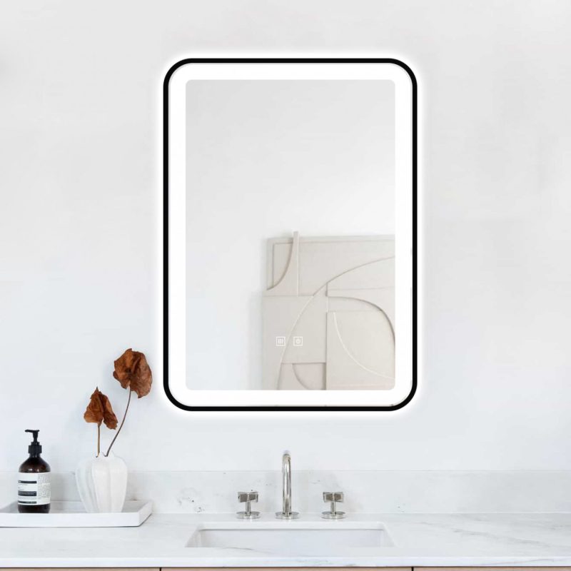 Oglindă Baie LED și Dezaburire Elit's Premium cu Senzor Touch, Lumina Rece, Caldă și Neutră, 50x70cm, cu rama Negru Antichizat, Ceas