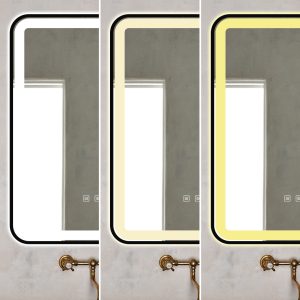 Oglindă Baie LED și Dezaburire Elit's Premium cu Senzor Touch, Lumina Rece, Caldă și Neutră, 50x70cm, cu rama Negru Antichizat, Ceas