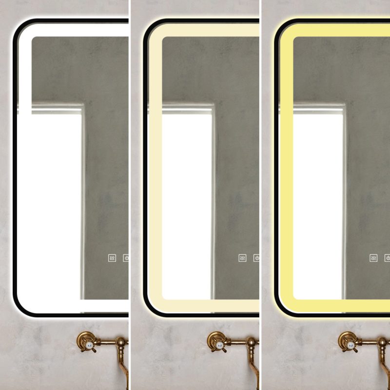 Oglindă Baie LED și Dezaburire Elit's Premium cu Senzor Touch, Lumina Rece, Caldă și Neutră, 50x70cm, cu rama Negru Antichizat, Ceas