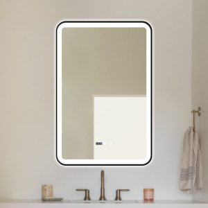 Oglindă Baie LED și Dezaburire Elit's Premium cu Senzor Touch, Lumina Rece, Caldă și Neutră, 60x90cm, cu rama Negru Antichizat, Ceas