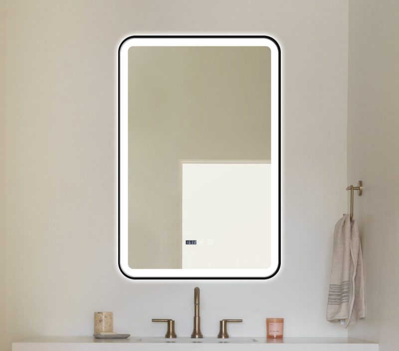 Oglindă Baie LED și Dezaburire Elit's Premium cu Senzor Touch, Lumina Rece, Caldă și Neutră, 60x90cm, cu rama Negru Antichizat, Ceas