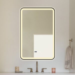 Oglindă Baie LED și Dezaburire Elit's Premium cu Senzor Touch, Lumina Rece, Caldă și Neutră, 60x90cm, cu rama Negru Antichizat, Ceas