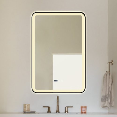 Oglindă Baie LED și Dezaburire Elit's Premium cu Senzor Touch, Lumina Rece, Caldă și Neutră, 60x90cm, cu rama Negru Antichizat, Ceas