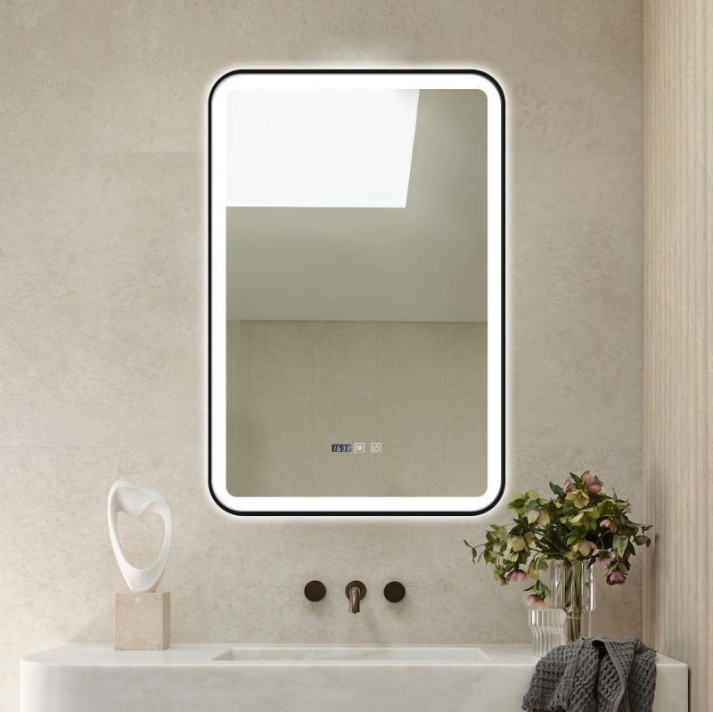 Oglindă Baie LED și Dezaburire Elit's Premium cu Senzor Touch, Lumina Rece, Caldă și Neutră, 60x90cm, cu rama Negru Antichizat, Ceas