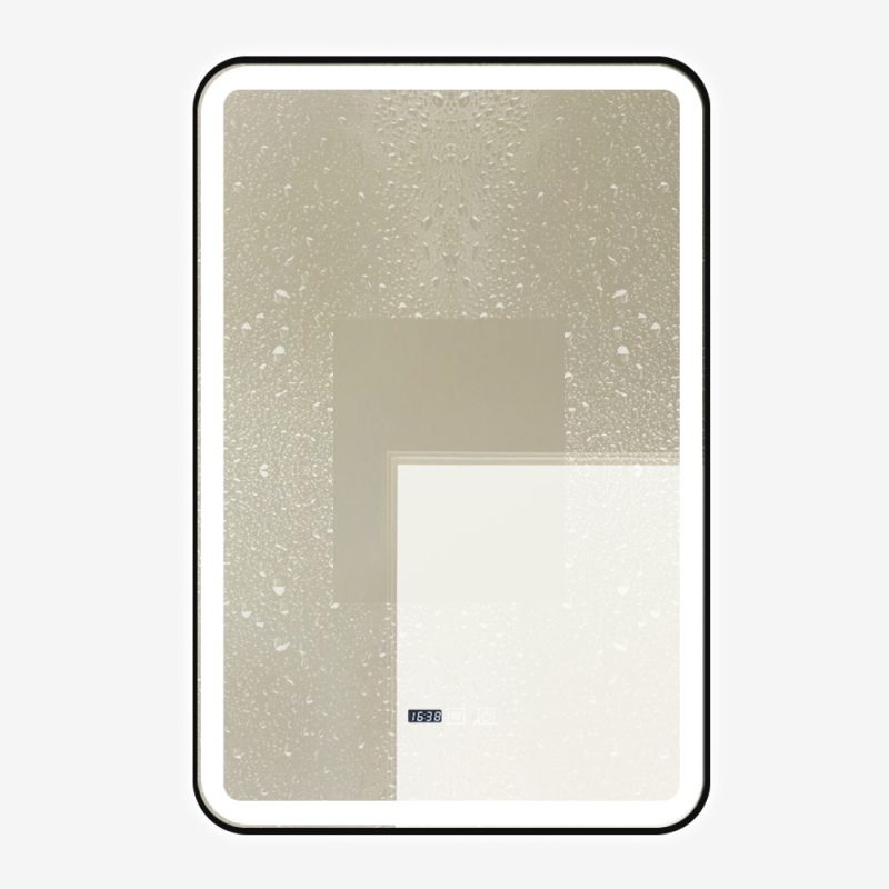 Oglindă Baie LED și Dezaburire Elit's Premium cu Senzor Touch, Lumina Rece, Caldă și Neutră, 60x90cm, cu rama Negru Antichizat, Ceas