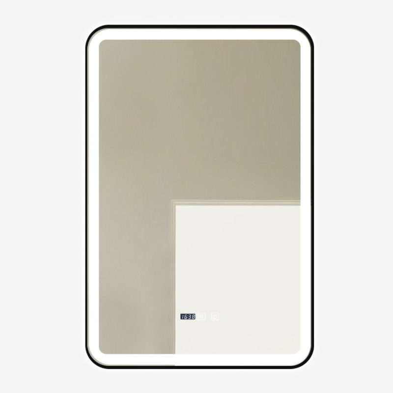 Oglindă Baie LED și Dezaburire Elit's Premium cu Senzor Touch, Lumina Rece, Caldă și Neutră, 60x90cm, cu rama Negru Antichizat, Ceas