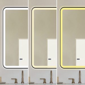 Oglindă Baie LED și Dezaburire Elit's Premium cu Senzor Touch, Lumina Rece, Caldă și Neutră, 60x90cm, cu rama Negru Antichizat, Ceas