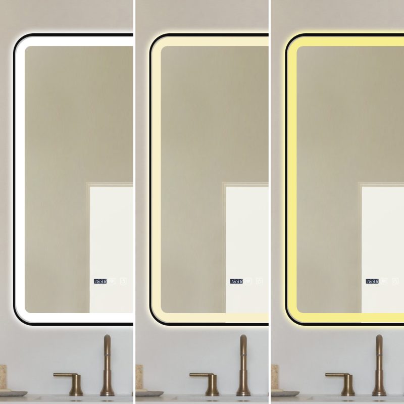 Oglindă Baie LED și Dezaburire Elit's Premium cu Senzor Touch, Lumina Rece, Caldă și Neutră, 60x90cm, cu rama Negru Antichizat, Ceas
