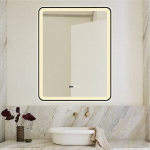 Oglindă Baie LED și Dezaburire Elit's Premium cu Senzor Touch, Lumina Rece, Caldă și Neutră, 70x90cm, cu rama Negru Antichizat, Ceas