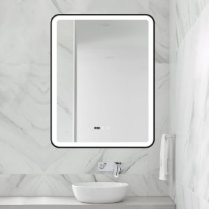 Oglindă Baie LED și Dezaburire Elit's Premium cu Senzor Touch, Lumina Rece, Caldă și Neutră, 70x90cm, cu rama Negru Antichizat, Ceas