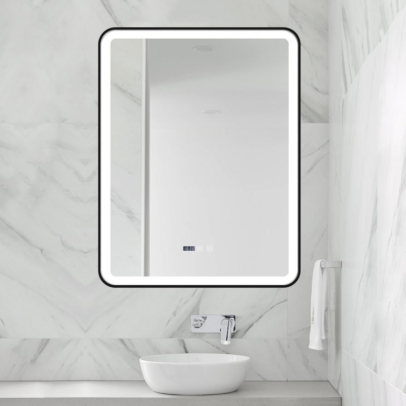Oglindă Baie LED și Dezaburire Elit's Premium cu Senzor Touch, Lumina Rece, Caldă și Neutră, 70x90cm, cu rama Negru Antichizat, Ceas