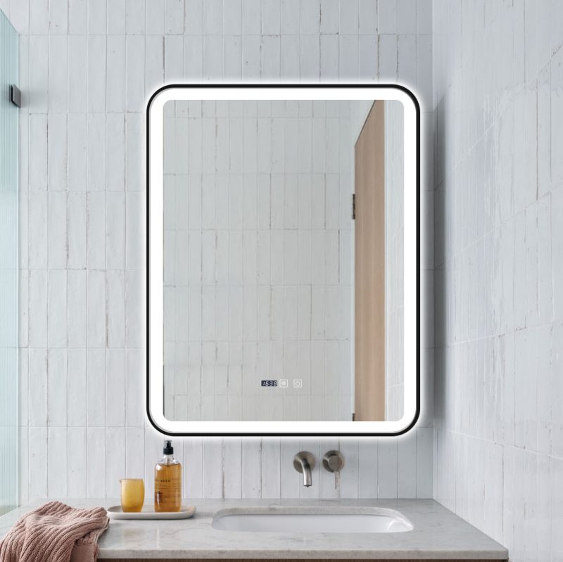 Oglindă Baie LED și Dezaburire Elit's Premium cu Senzor Touch, Lumina Rece, Caldă și Neutră, 70x90cm, cu rama Negru Antichizat, Ceas